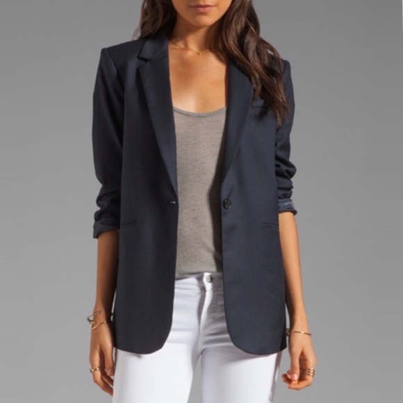 Elizabeth & James Navy Blue Ruched Sleeve Boyfriend Blazer - Picture 2 of 7
